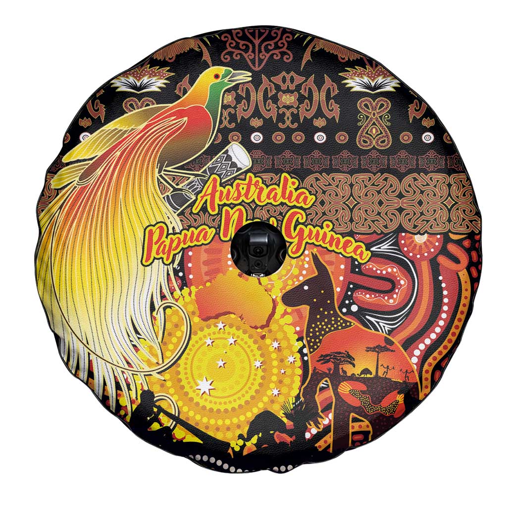 Australia and Papua New Guinea Together Spare Tire Cover Kangaroo Aboriginal Art and Bird-of-paradise Oro Tribal Motifs - Polynesian Pride
