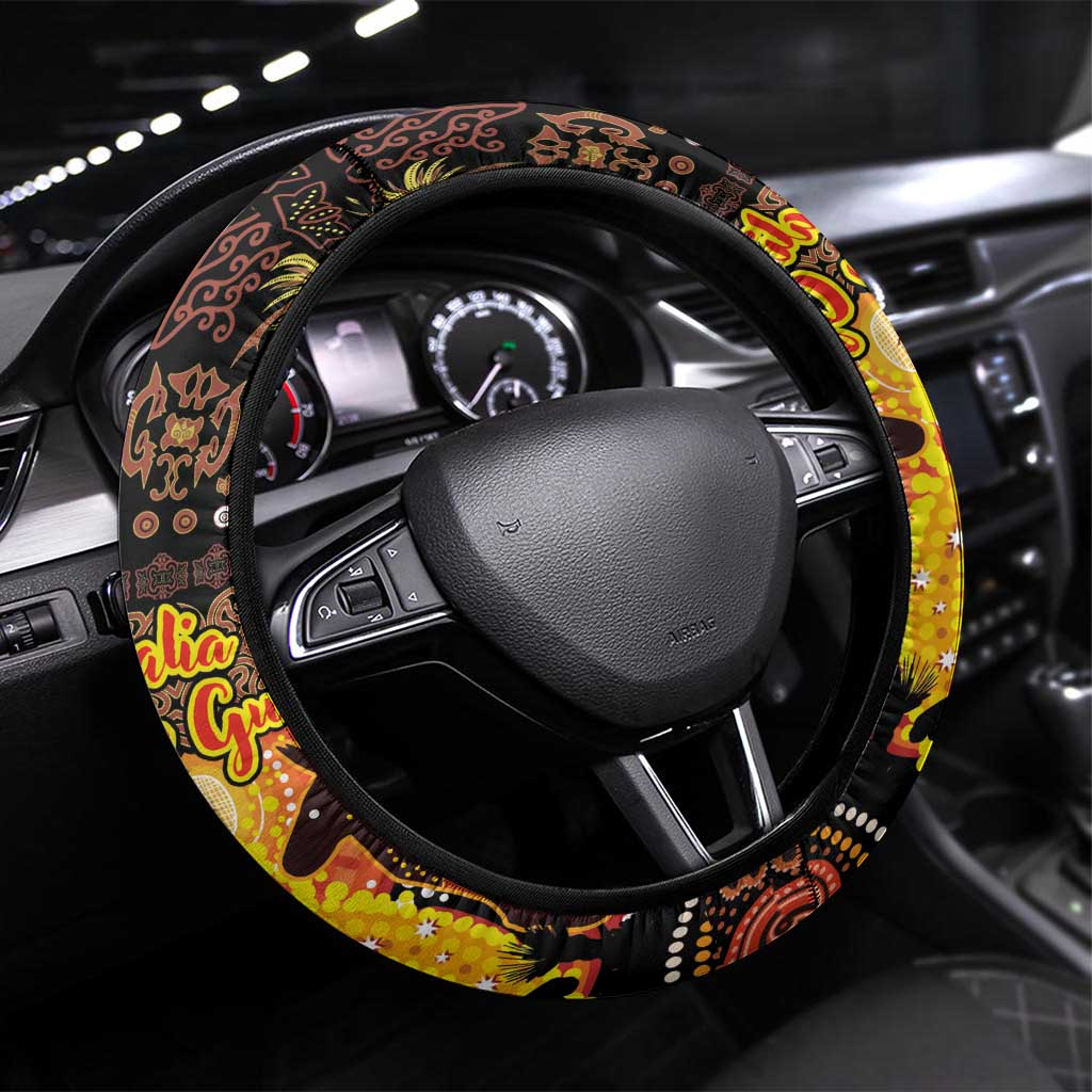 Australia and Papua New Guinea Together Steering Wheel Cover Kangaroo Aboriginal Art and Bird-of-paradise Oro Tribal Motifs - Polynesian Pride