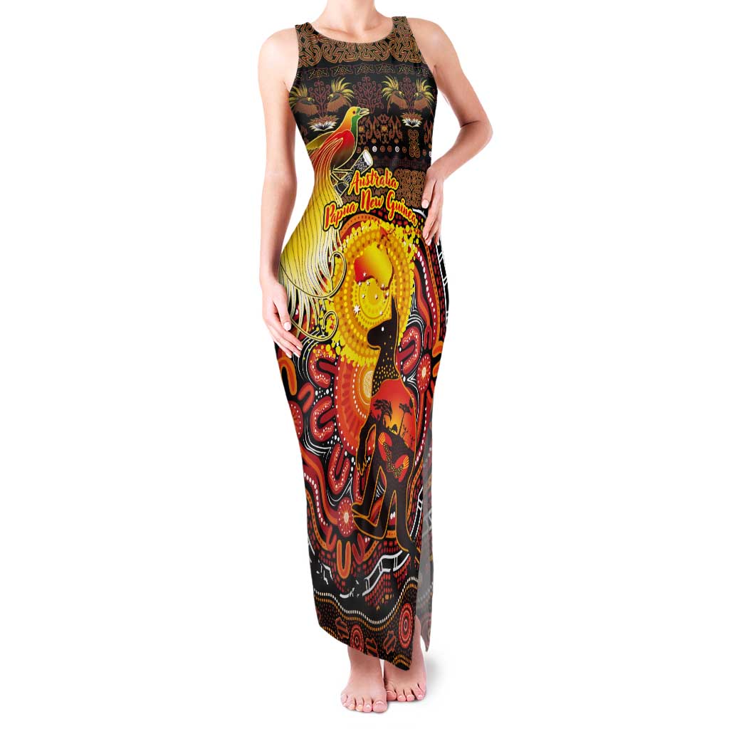 Personalized Australia and Papua New Guinea Together Tank Maxi Dress Kangaroo Aboriginal Art and Bird-of-paradise Oro Tribal Motifs - Polynesian Pride