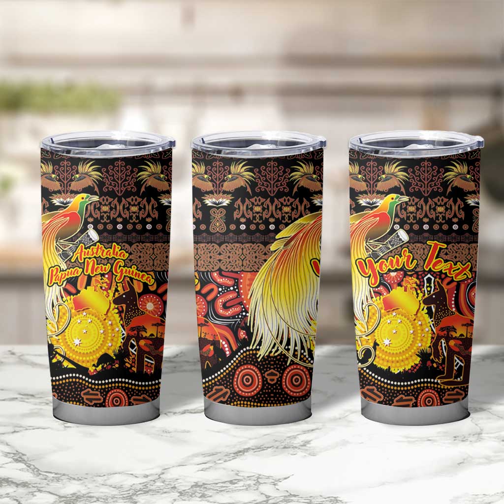 Personalized Australia and Papua New Guinea Together Tumbler Cup Kangaroo Aboriginal Art and Bird-of-paradise Oro Tribal Motifs - Polynesian Pride