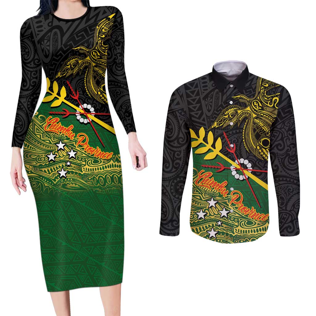 Personalized Chimpu Province Papua New Guinea Couples Matching Long Sleeve Bodycon Dress and Long Sleeve Button Shirt Bird-of-paradise Art Tattoo and Melanesian Motifs - Polynesian Pride