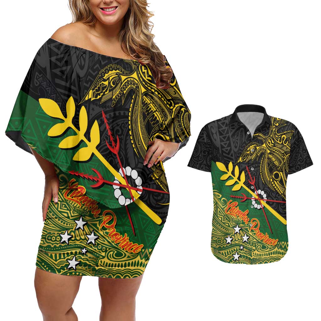 Personalized Chimpu Province Papua New Guinea Couples Matching Off Shoulder Short Dress and Hawaiian Shirt Bird-of-paradise Art Tattoo and Melanesian Motifs - Polynesian Pride