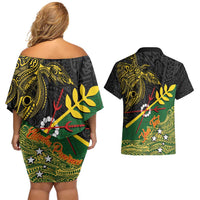 Personalized Chimpu Province Papua New Guinea Couples Matching Off Shoulder Short Dress and Hawaiian Shirt Bird-of-paradise Art Tattoo and Melanesian Motifs - Polynesian Pride