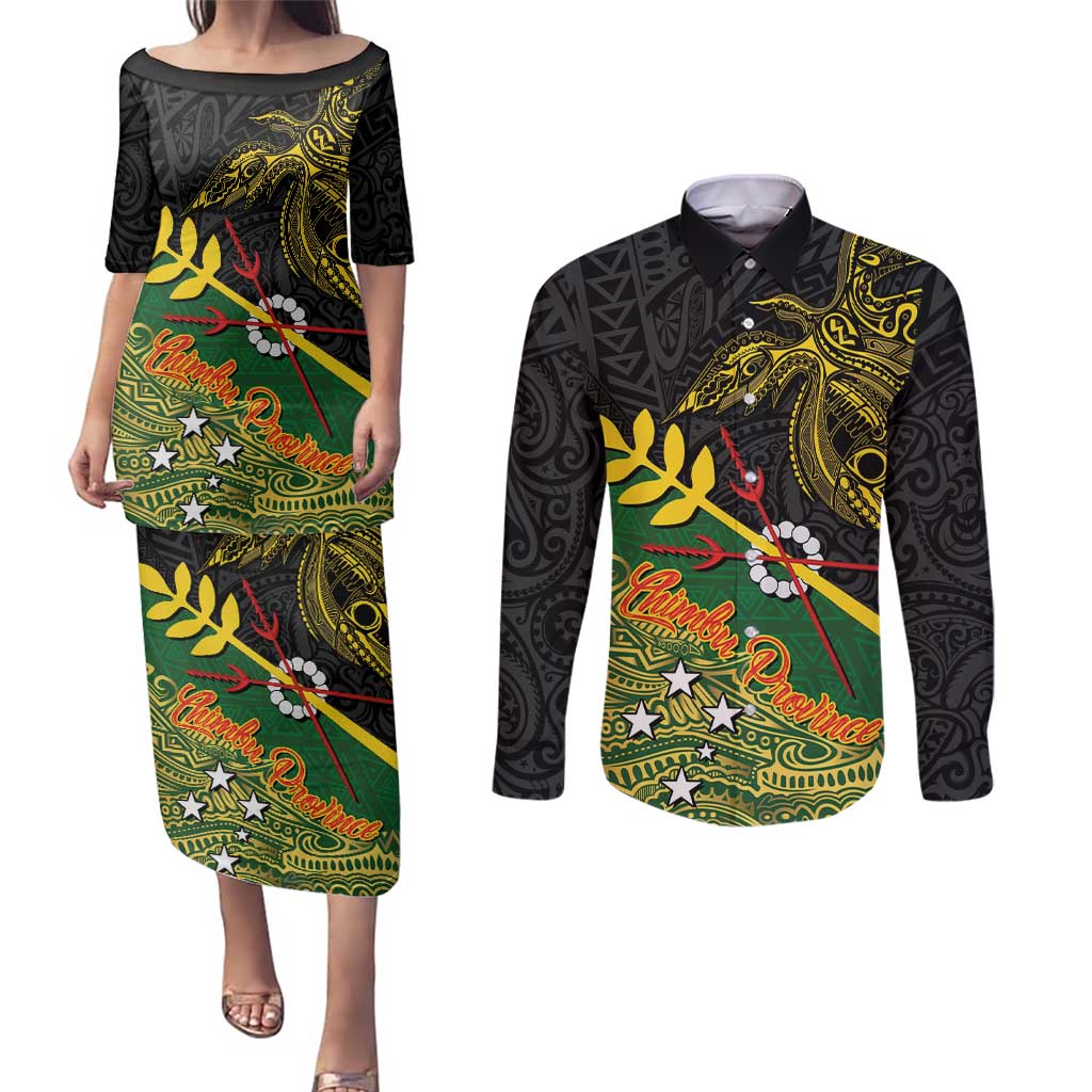 Personalized Chimpu Province Papua New Guinea Couples Matching Puletasi and Long Sleeve Button Shirt Bird-of-paradise Art Tattoo and Melanesian Motifs - Polynesian Pride