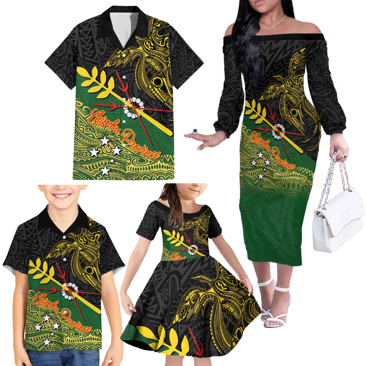Personalized Chimpu Province Papua New Guinea Family Matching Off The Shoulder Long Sleeve Dress and Hawaiian Shirt Bird-of-paradise Art Tattoo and Melanesian Motifs - Polynesian Pride