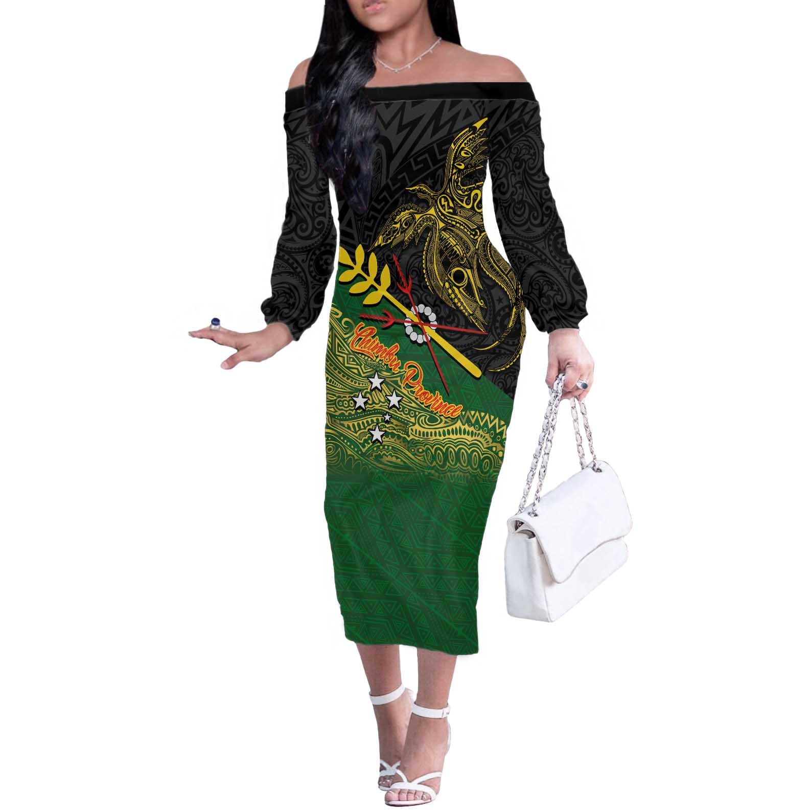 Personalized Chimpu Province Papua New Guinea Off The Shoulder Long Sleeve Dress Bird-of-paradise Art Tattoo and Melanesian Motifs - Polynesian Pride