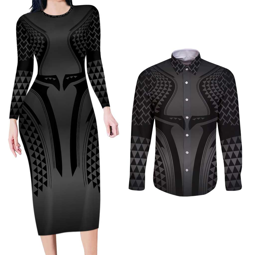 Hawaiian Kakau Art Tattoos Aquaman Style Couples Matching Long Sleeve Bodycon Dress and Long Sleeve Button Shirt Special Edition - Polynesian Pride