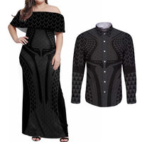 Hawaiian Kakau Art Tattoos Aquaman Style Couples Matching Off Shoulder Maxi Dress and Long Sleeve Button Shirt Black Version - Polynesian Pride