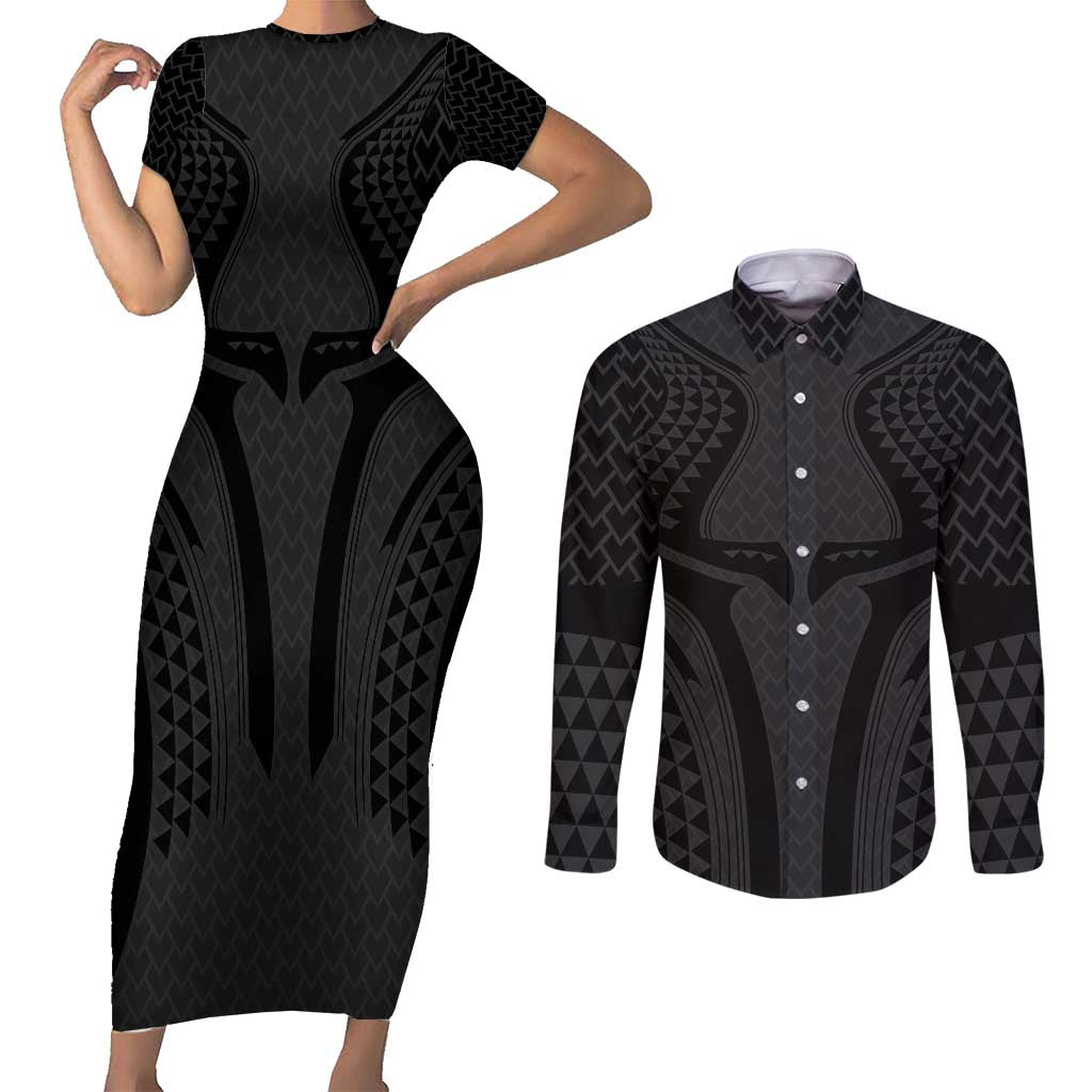 Hawaiian Kakau Art Tattoos Aquaman Style Couples Matching Short Sleeve Bodycon Dress and Long Sleeve Button Shirt Black Version - Polynesian Pride