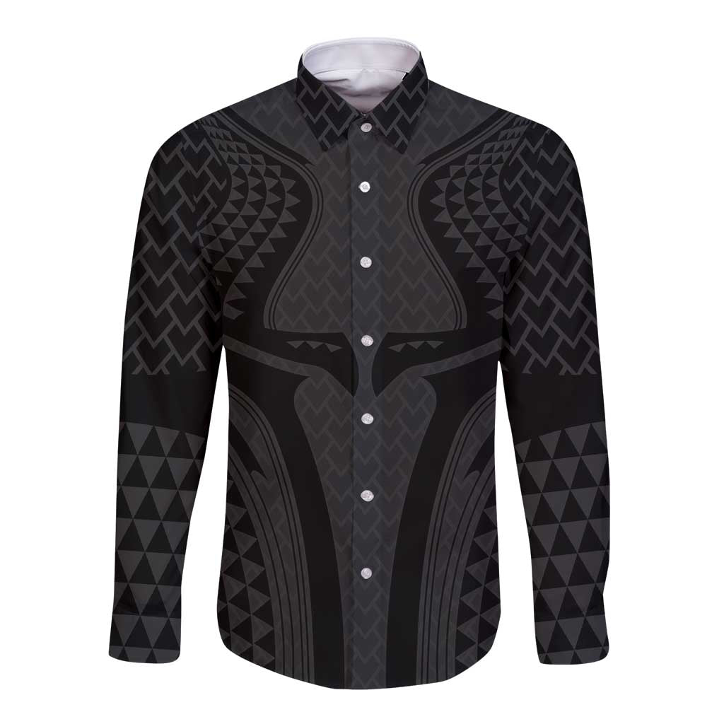 Hawaiian Kakau Art Tattoos Aquaman Style Long Sleeve Button Shirt Black Version LT03 Unisex Black - Polynesian Pride