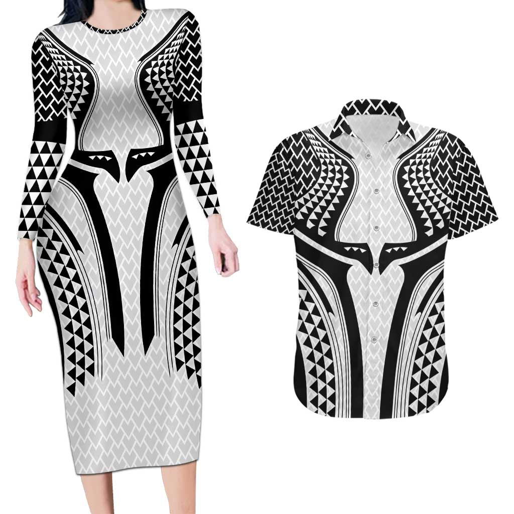 Hawaiian Kakau Art Tattoos Aquaman Style Couples Matching Long Sleeve Bodycon Dress and Hawaiian Shirt White Version - Polynesian Pride