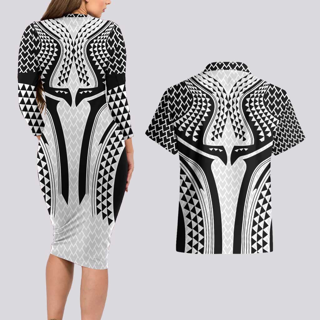 Hawaiian Kakau Art Tattoos Aquaman Style Couples Matching Long Sleeve Bodycon Dress and Hawaiian Shirt White Version - Polynesian Pride