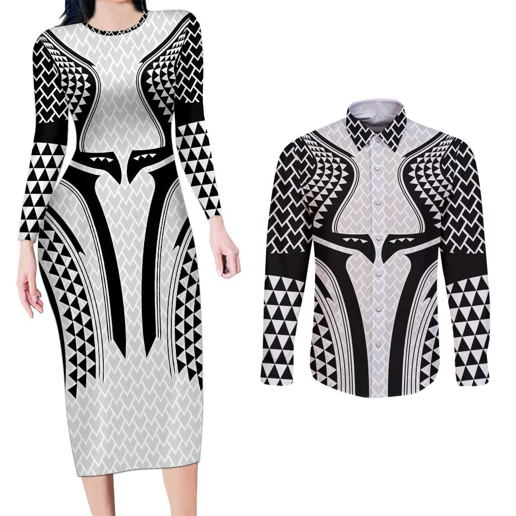 Hawaiian Kakau Art Tattoos Aquaman Style Couples Matching Long Sleeve Bodycon Dress and Long Sleeve Button Shirt White Version - Polynesian Pride