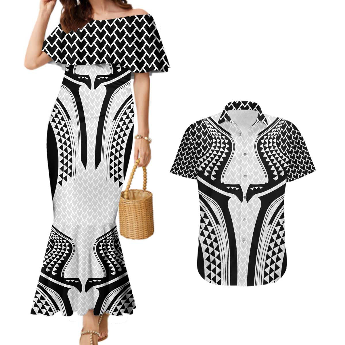 Hawaiian Kakau Art Tattoos Aquaman Style Couples Matching Mermaid Dress and Hawaiian Shirt White Version - Polynesian Pride