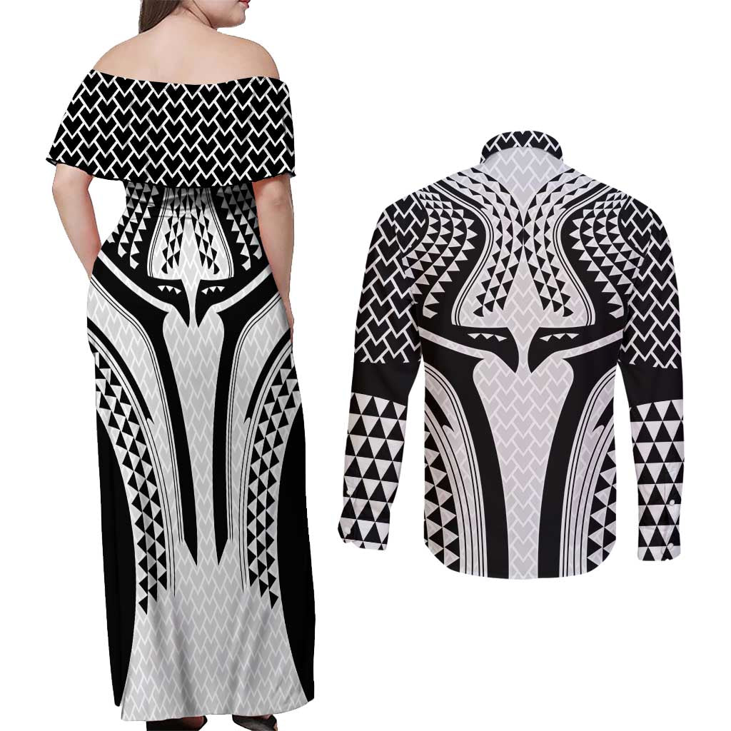 Hawaiian Kakau Art Tattoos Aquaman Style Couples Matching Off Shoulder Maxi Dress and Long Sleeve Button Shirt White Version - Polynesian Pride