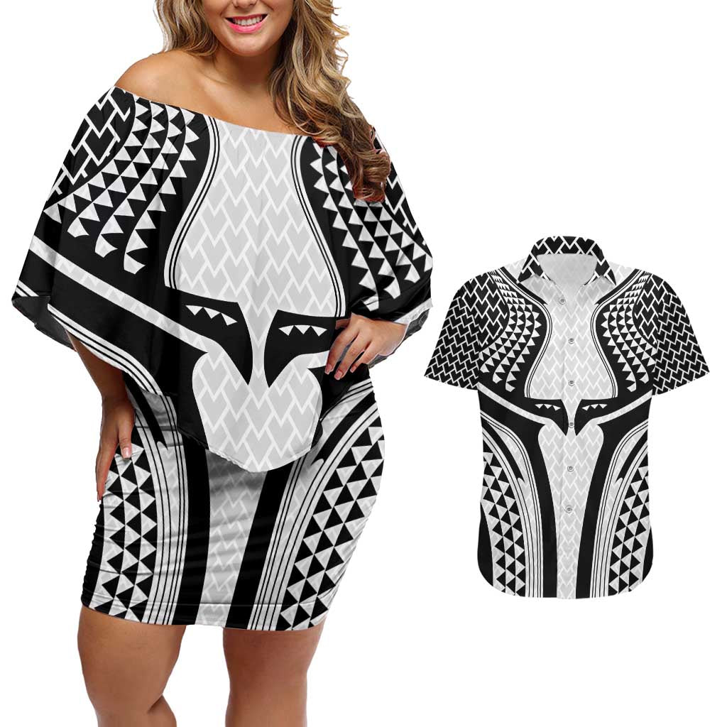 Hawaiian Kakau Art Tattoos Aquaman Style Couples Matching Off Shoulder Short Dress and Hawaiian Shirt White Version - Polynesian Pride