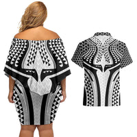 Hawaiian Kakau Art Tattoos Aquaman Style Couples Matching Off Shoulder Short Dress and Hawaiian Shirt White Version - Polynesian Pride