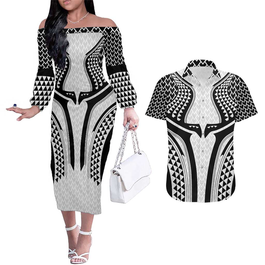 Hawaiian Kakau Art Tattoos Aquaman Style Couples Matching Off The Shoulder Long Sleeve Dress and Hawaiian Shirt White Version - Polynesian Pride