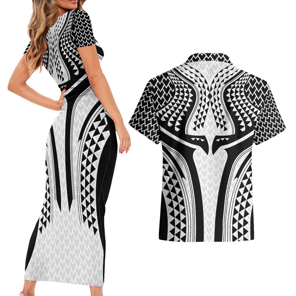 Hawaiian Kakau Art Tattoos Aquaman Style Couples Matching Short Sleeve Bodycon Dress and Hawaiian Shirt White Version - Polynesian Pride