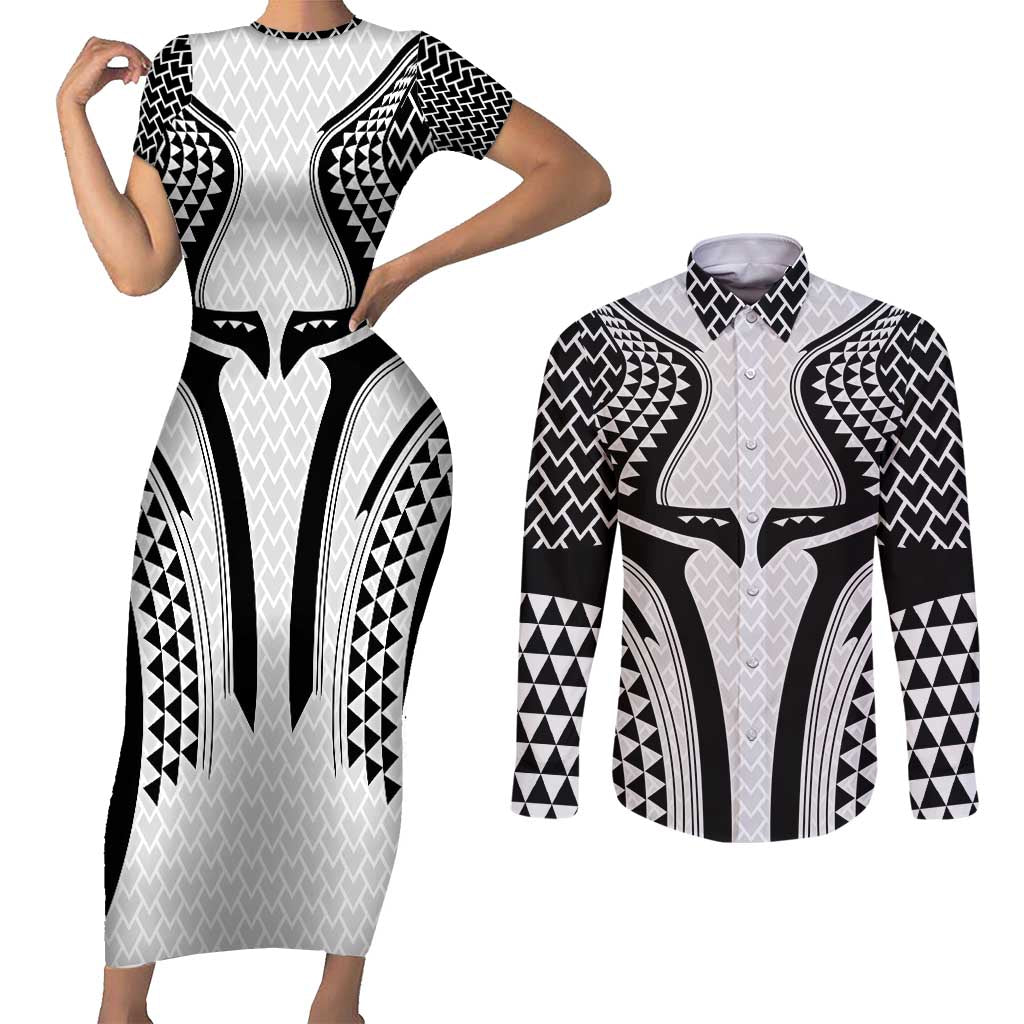 Hawaiian Kakau Art Tattoos Aquaman Style Couples Matching Short Sleeve Bodycon Dress and Long Sleeve Button Shirt White Version - Polynesian Pride
