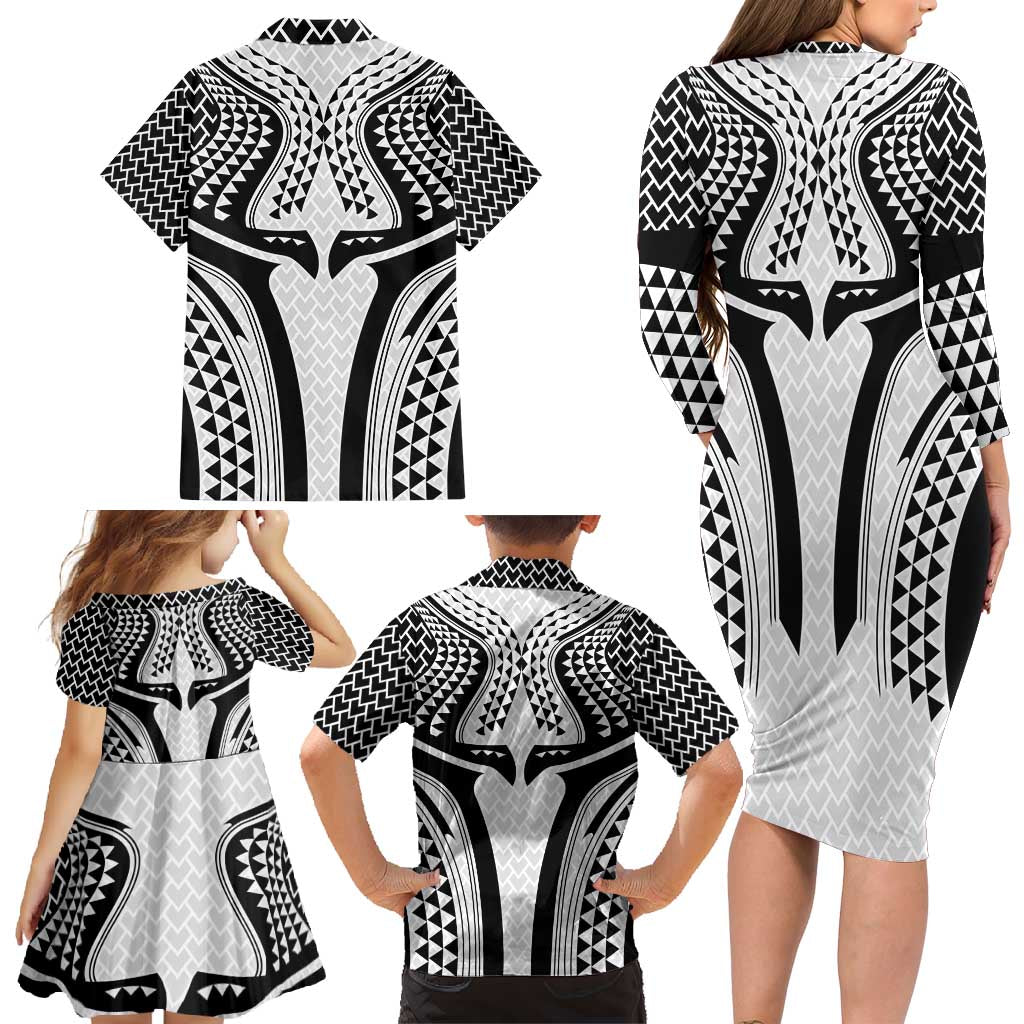 Hawaiian Kakau Art Tattoos Aquaman Style Family Matching Long Sleeve Bodycon Dress and Hawaiian Shirt White Version - Polynesian Pride