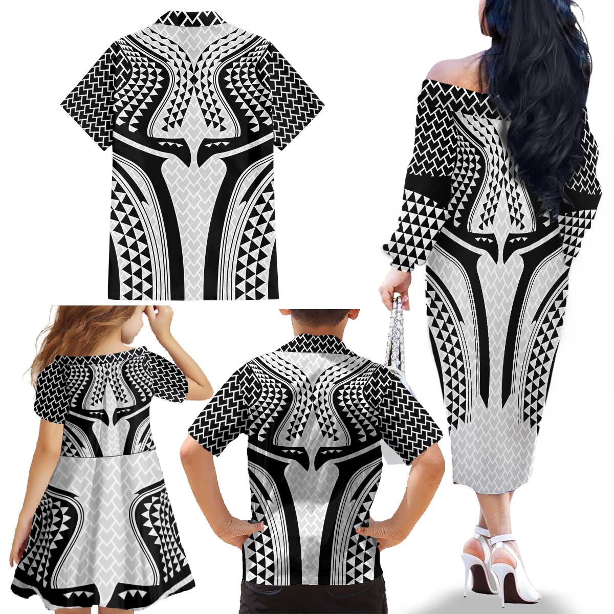 Hawaiian Kakau Art Tattoos Aquaman Style Family Matching Off The Shoulder Long Sleeve Dress and Hawaiian Shirt White Version - Polynesian Pride