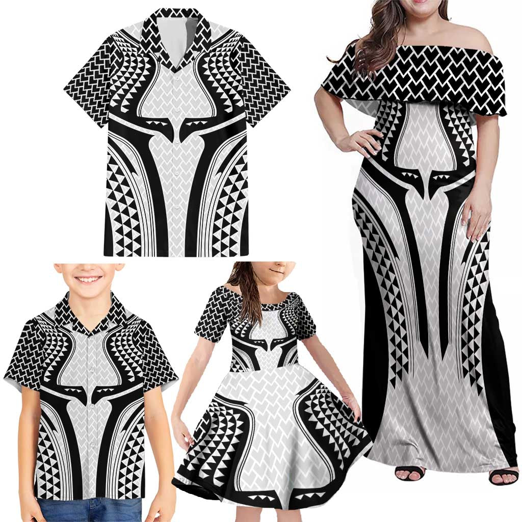 Hawaiian Kakau Art Tattoos Aquaman Style Family Matching Off Shoulder Maxi Dress and Hawaiian Shirt White Version - Polynesian Pride