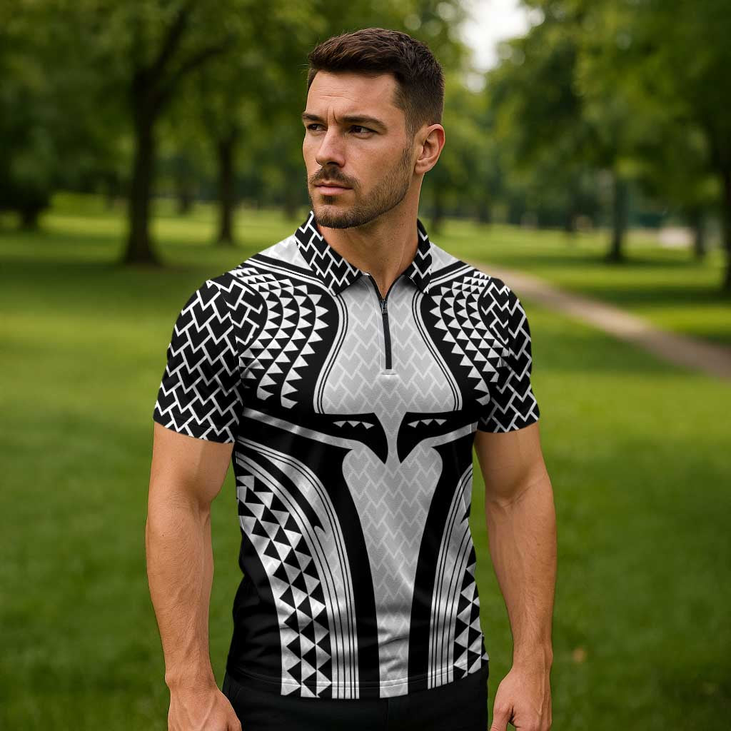 Hawaiian Kakau Art Tattoos Aquaman Style Zipper Polo Shirt White Version - Polynesian Pride