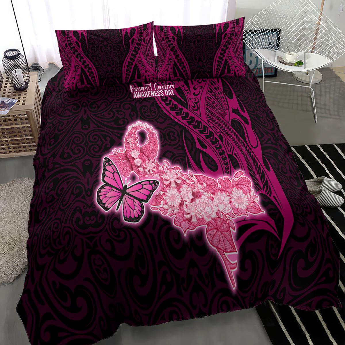 Polynesia Breast Cancer Bedding Set Butterfly and Flowers Ribbon Maori Tattoo Ethnic Black Style LT03 - Polynesian Pride