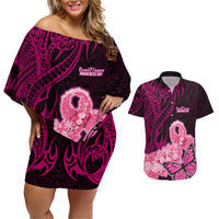 Polynesia Breast Cancer Couples Matching Off Shoulder Short Dress and Hawaiian Shirt Butterfly and Flowers Ribbon Maori Tattoo Ethnic Black Style LT03 Black - Polynesian Pride