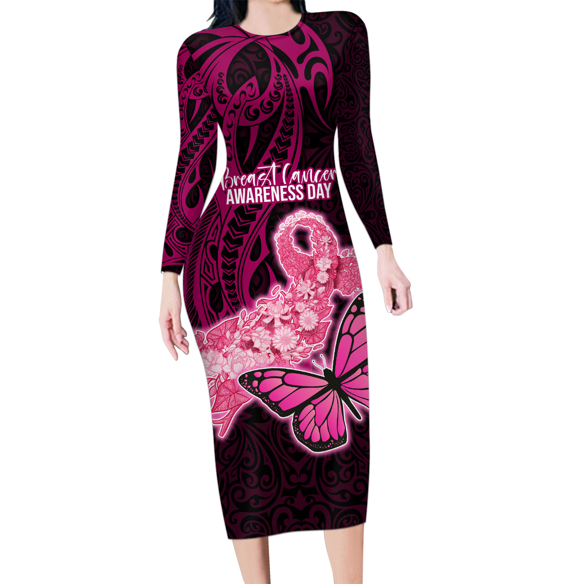 Polynesia Breast Cancer Family Matching Long Sleeve Bodycon Dress and Hawaiian Shirt Butterfly and Flowers Ribbon Maori Tattoo Ethnic Black Style LT03 Mom's Dress Black - Polynesian Pride