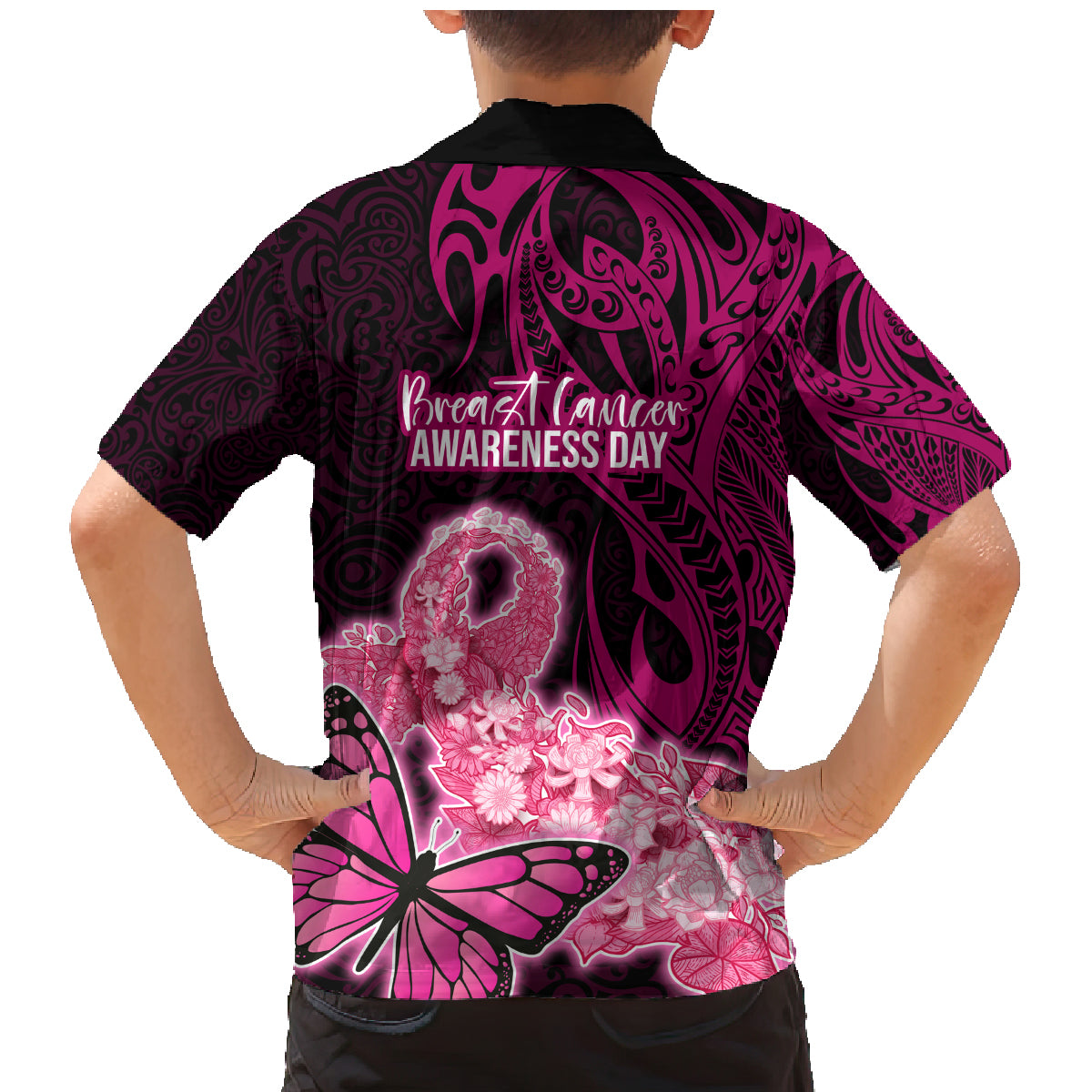 Polynesia Breast Cancer Family Matching Mermaid Dress and Hawaiian Shirt Butterfly and Flowers Ribbon Maori Tattoo Ethnic Black Style LT03 - Polynesian Pride