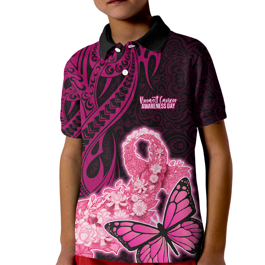 Polynesia Breast Cancer Kid Polo Shirt Butterfly and Flowers Ribbon Maori Tattoo Ethnic Black Style LT03 Kid Black - Polynesian Pride