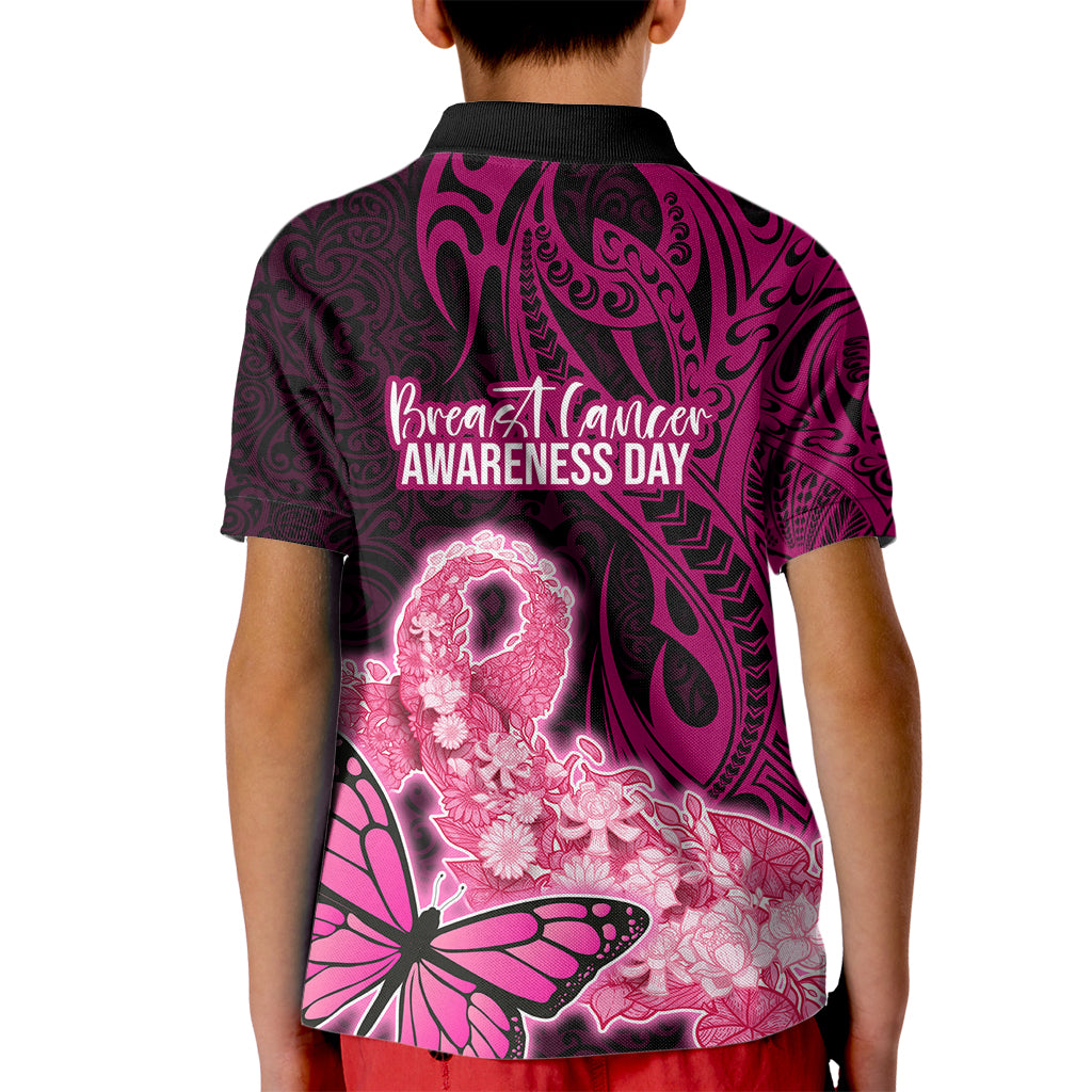 Polynesia Breast Cancer Kid Polo Shirt Butterfly and Flowers Ribbon Maori Tattoo Ethnic Black Style LT03 - Polynesian Pride