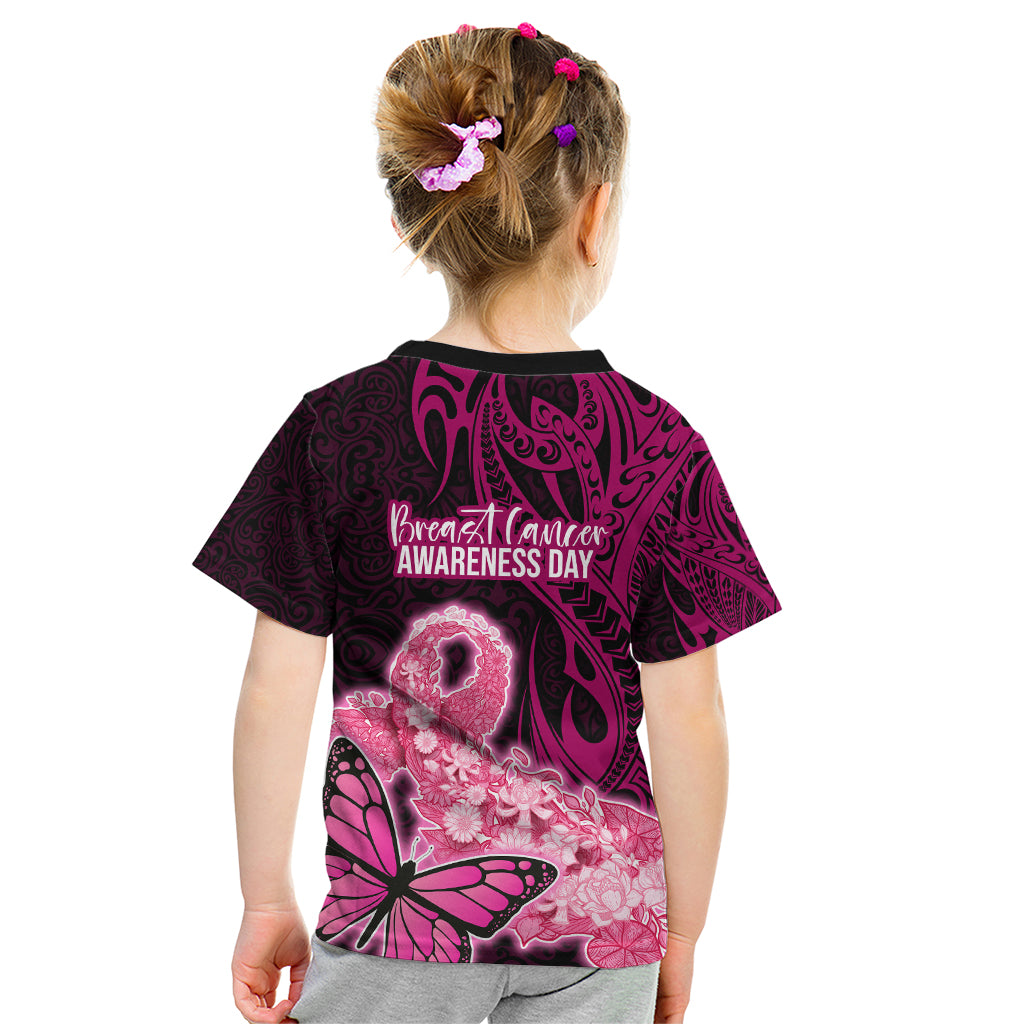 Polynesia Breast Cancer Kid T Shirt Butterfly and Flowers Ribbon Maori Tattoo Ethnic Black Style LT03 - Polynesian Pride