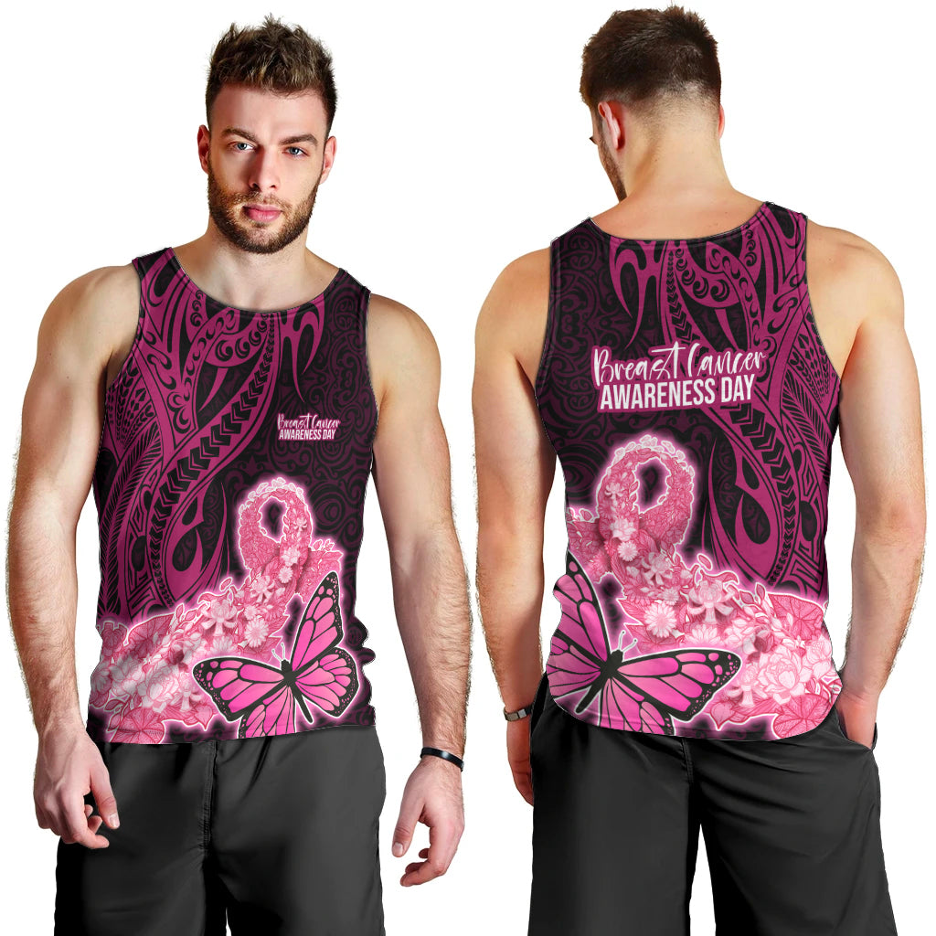 Polynesia Breast Cancer Men Tank Top Butterfly and Flowers Ribbon Maori Tattoo Ethnic Black Style LT03 - Polynesian Pride