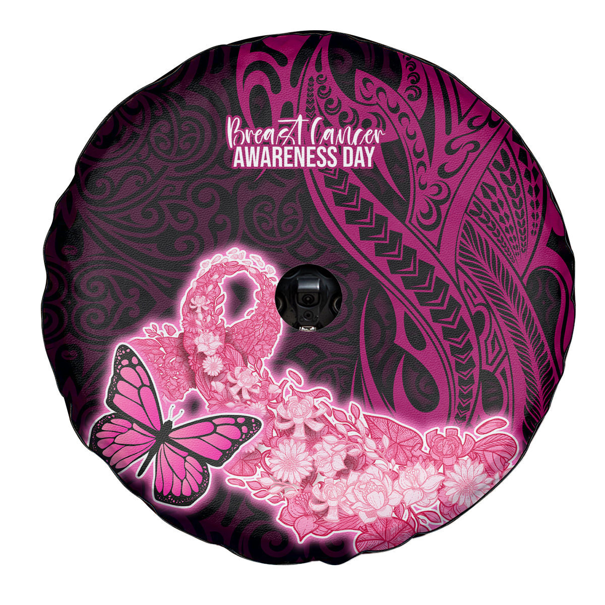 Polynesia Breast Cancer Spare Tire Cover Butterfly and Flowers Ribbon Maori Tattoo Ethnic Black Style LT03 - Polynesian Pride