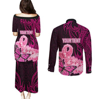 Custom Polynesia Breast Cancer Couples Matching Puletasi Dress and Long Sleeve Button Shirts Butterfly and Flowers Ribbon Maori Tattoo Ethnic Black Style LT03 - Polynesian Pride