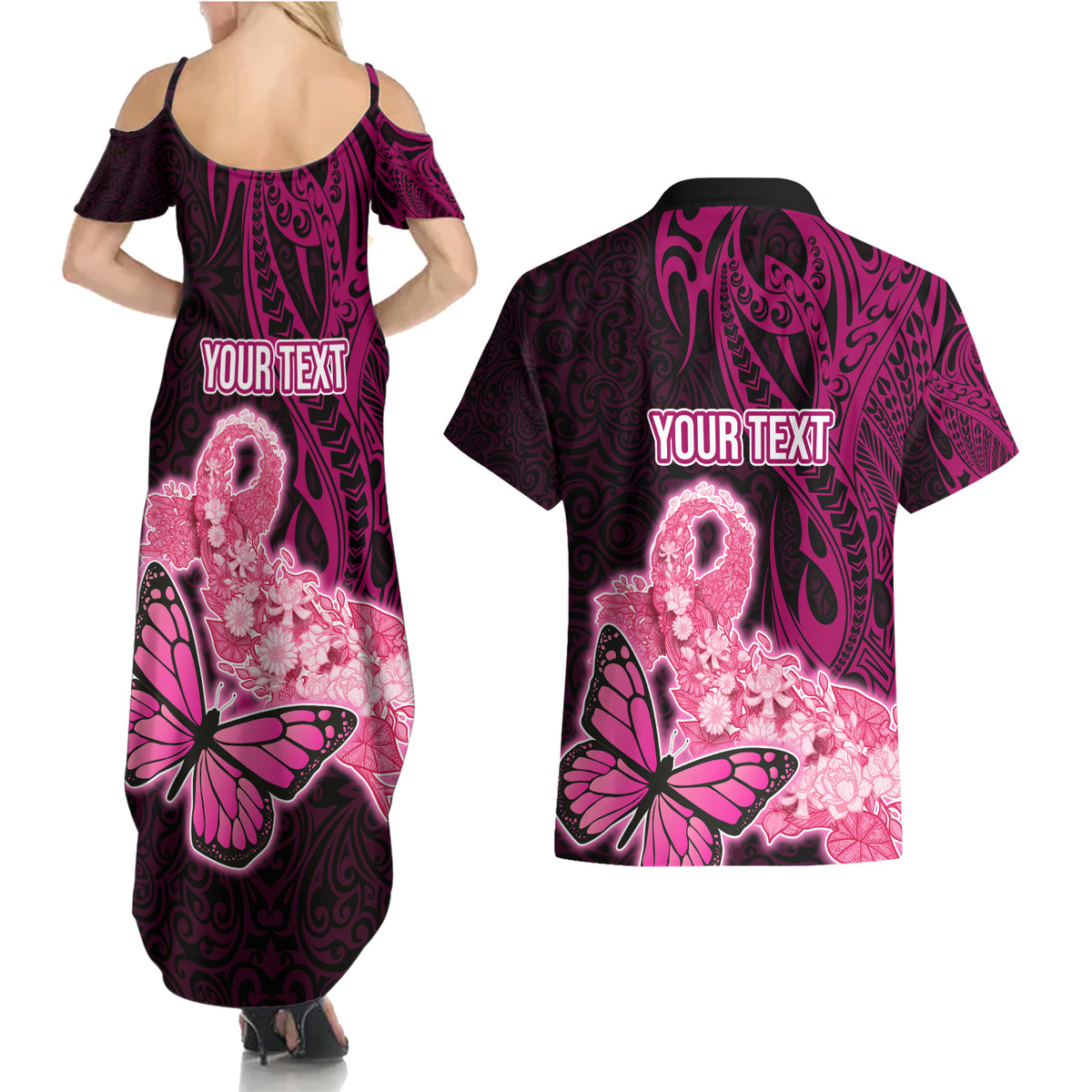 Custom Polynesia Breast Cancer Couples Matching Summer Maxi Dress and Hawaiian Shirt Butterfly and Flowers Ribbon Maori Tattoo Ethnic Black Style LT03 - Polynesian Pride