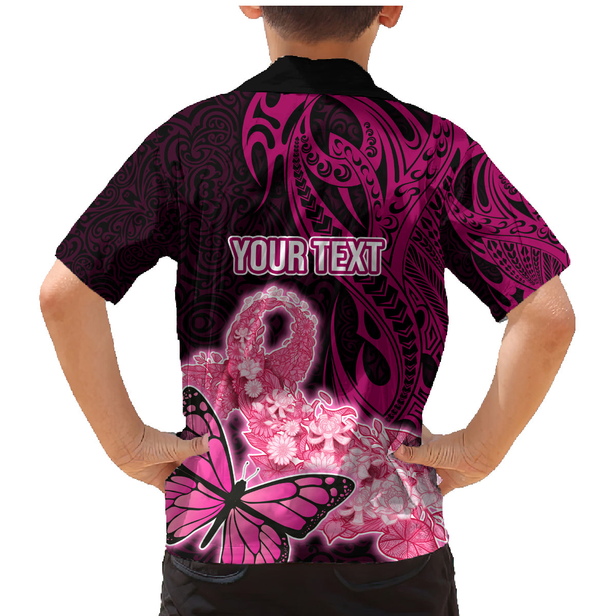 Custom Polynesia Breast Cancer Family Matching Mermaid Dress and Hawaiian Shirt Butterfly and Flowers Ribbon Maori Tattoo Ethnic Black Style LT03 - Polynesian Pride