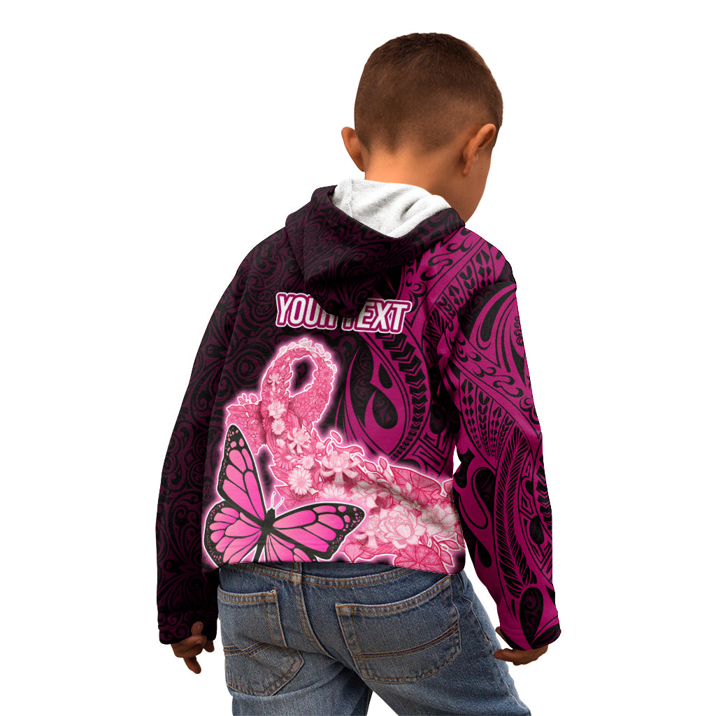 Custom Polynesia Breast Cancer Kid Hoodie Butterfly and Flowers Ribbon Maori Tattoo Ethnic Black Style LT03 - Polynesian Pride
