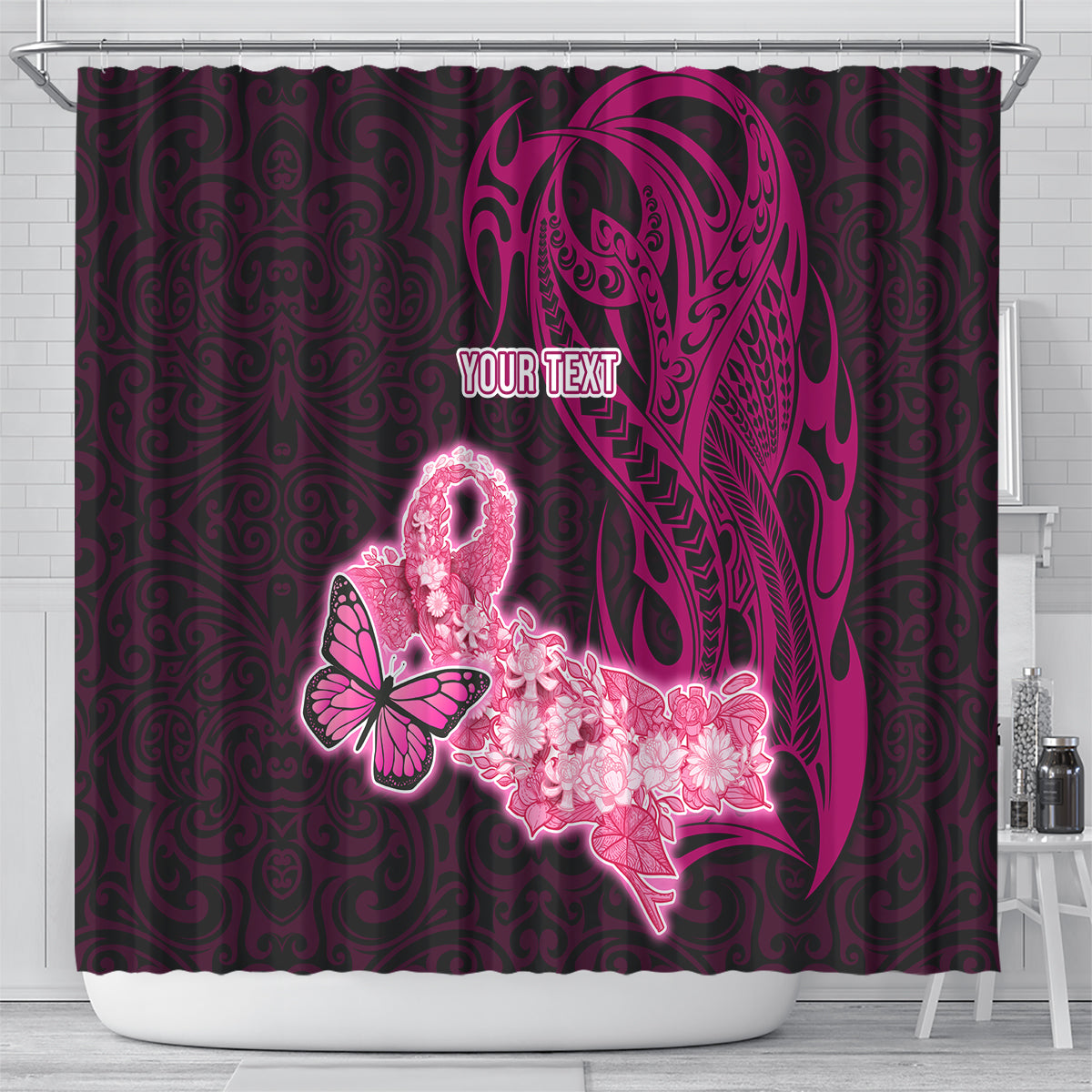 Custom Polynesia Breast Cancer Shower Curtain Butterfly and Flowers Ribbon Maori Tattoo Ethnic Black Style LT03 - Polynesian Pride