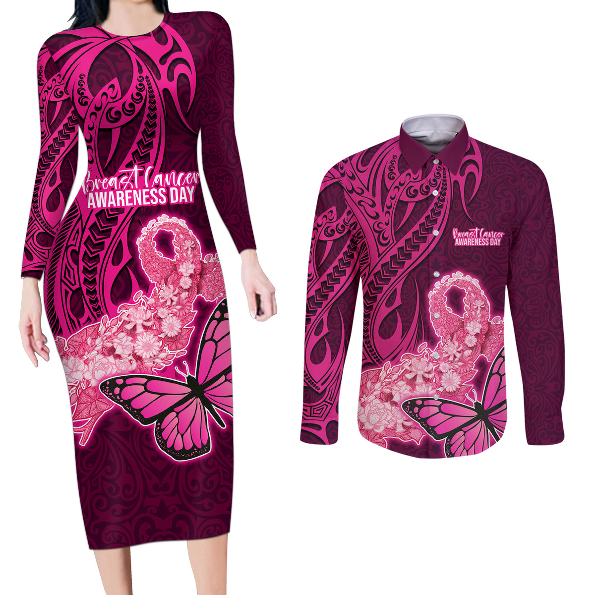 Polynesia Breast Cancer Couples Matching Long Sleeve Bodycon Dress and Long Sleeve Button Shirts Butterfly and Flowers Ribbon Maori Tattoo Ethnic Pink Style LT03 Pink - Polynesian Pride