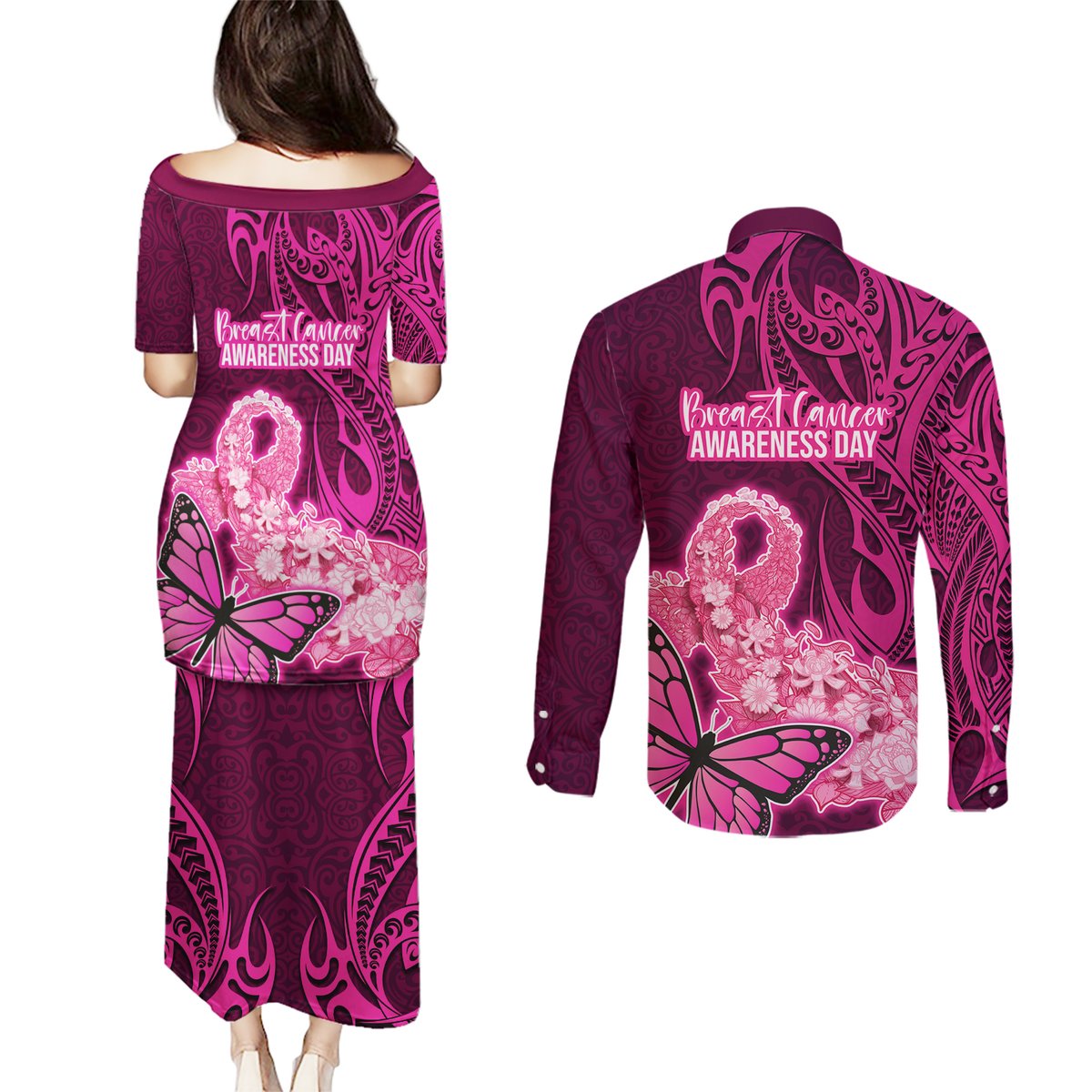 Polynesia Breast Cancer Couples Matching Puletasi Dress and Long Sleeve Button Shirts Butterfly and Flowers Ribbon Maori Tattoo Ethnic Pink Style LT03 - Polynesian Pride