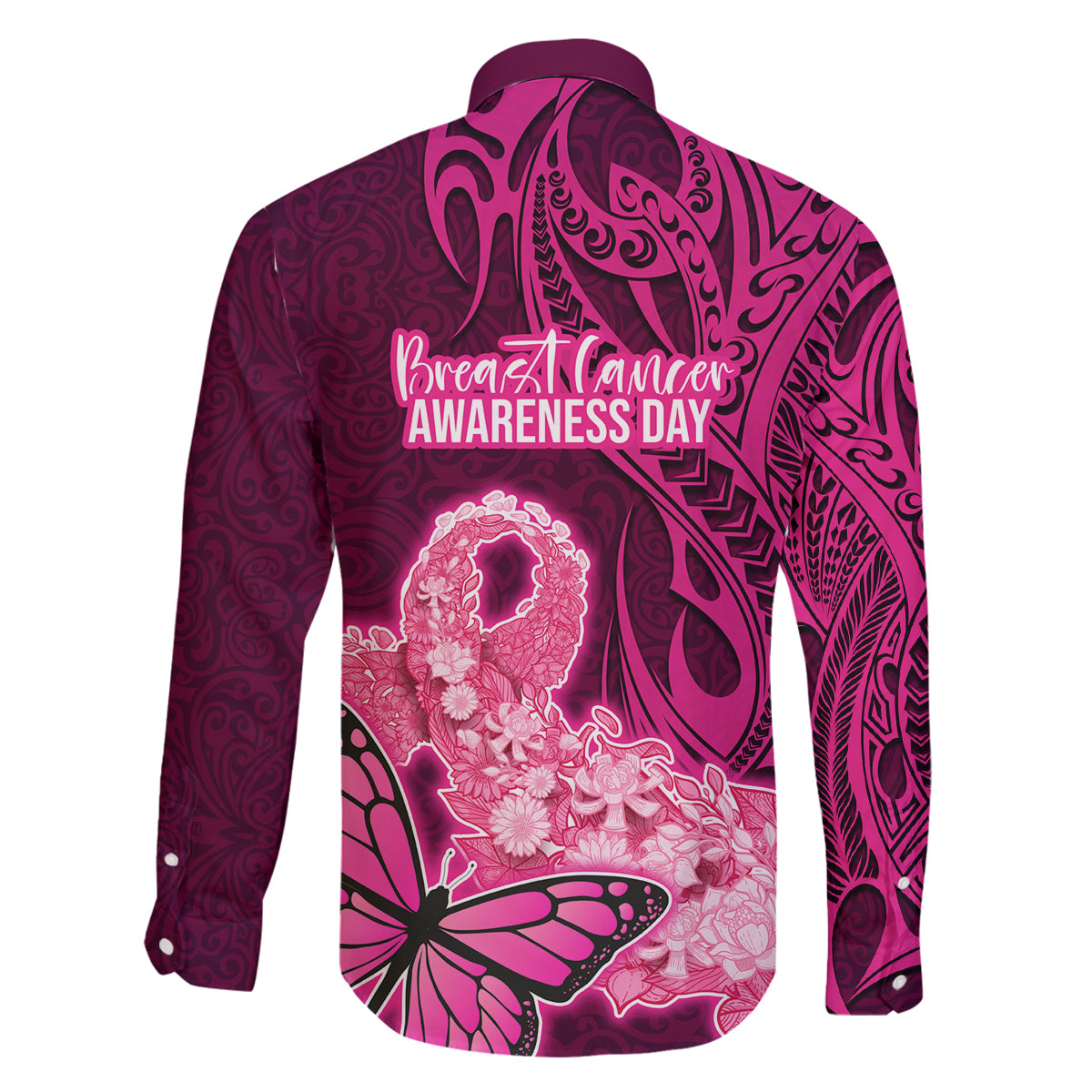 Polynesia Breast Cancer Family Matching Long Sleeve Bodycon Dress and Hawaiian Shirt Butterfly and Flowers Ribbon Maori Tattoo Ethnic Pink Style LT03 - Polynesian Pride