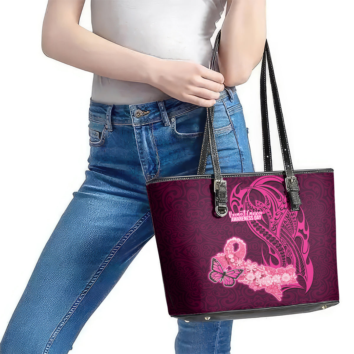 Polynesia Breast Cancer Leather Tote Bag Butterfly and Flowers Ribbon Maori Tattoo Ethnic Pink Style LT03 - Polynesian Pride