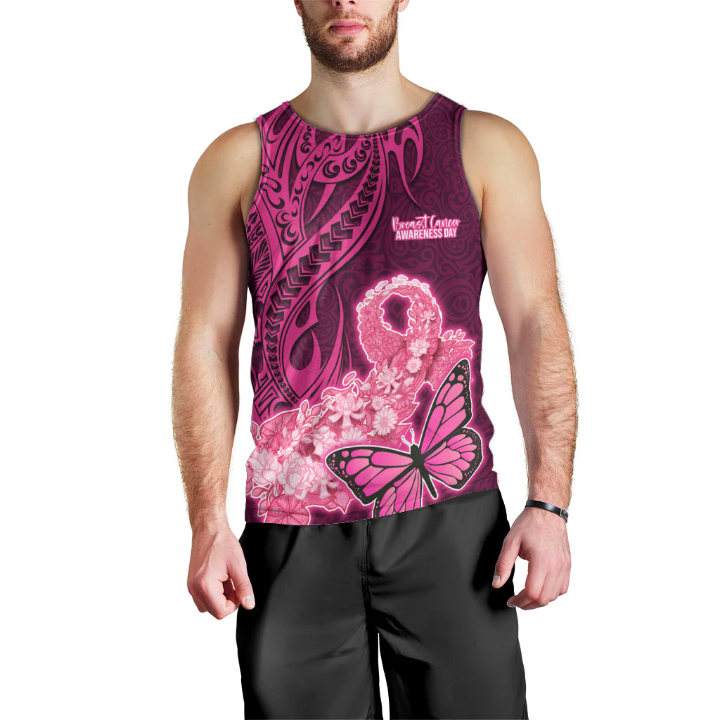 Polynesia Breast Cancer Men Tank Top Butterfly and Flowers Ribbon Maori Tattoo Ethnic Pink Style LT03 - Polynesian Pride