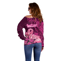 Polynesia Breast Cancer Off Shoulder Sweater Butterfly and Flowers Ribbon Maori Tattoo Ethnic Pink Style LT03 - Polynesian Pride