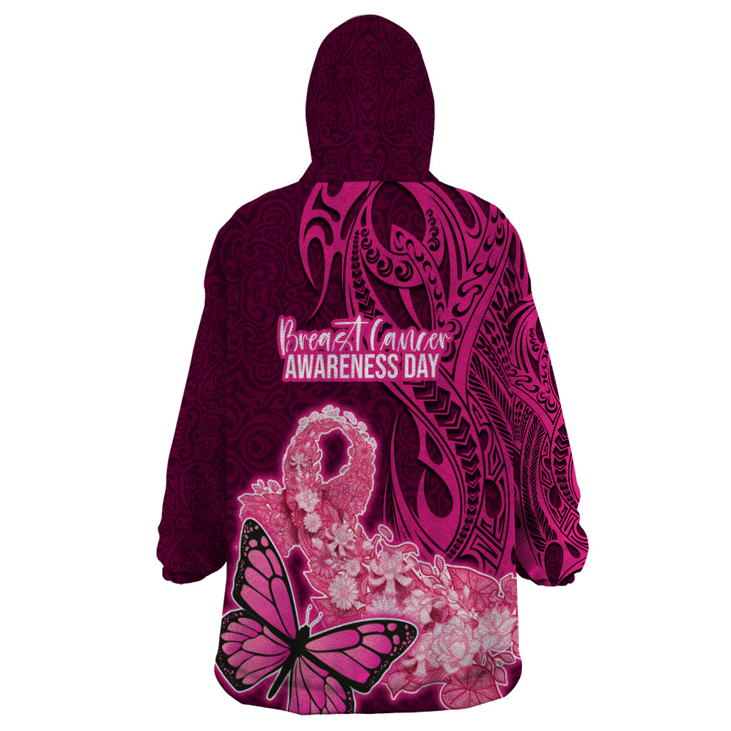Polynesia Breast Cancer Wearable Blanket Hoodie Butterfly and Flowers Ribbon Maori Tattoo Ethnic Pink Style LT03 - Polynesian Pride