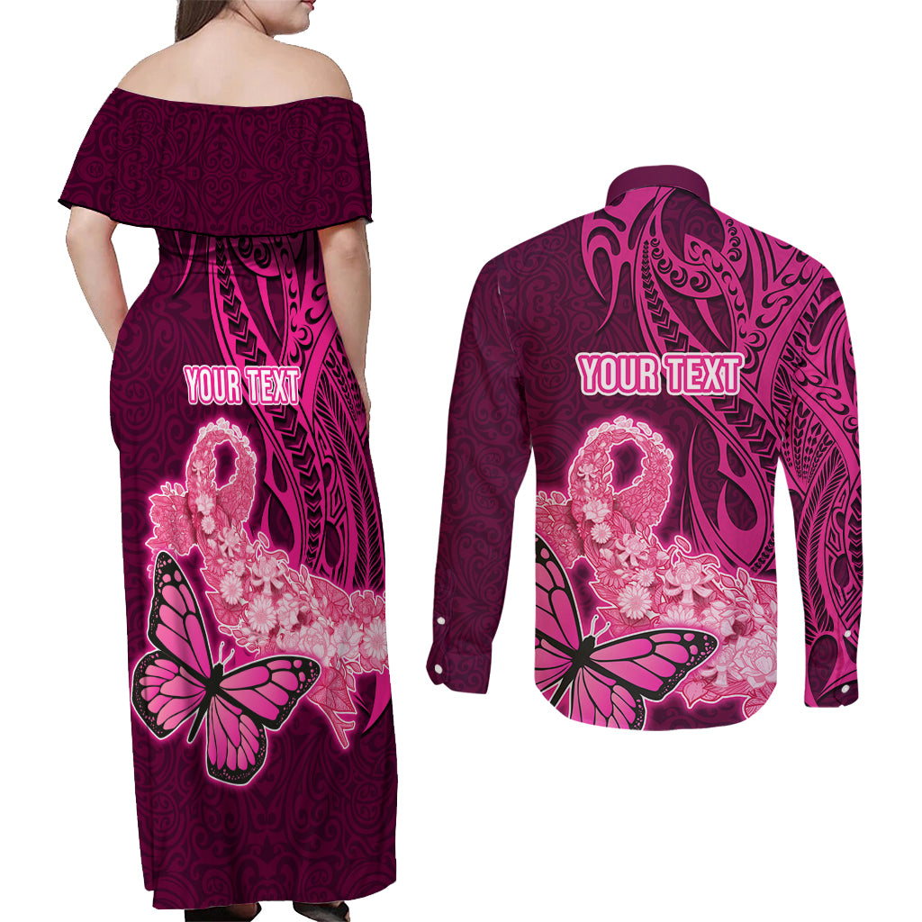 Custom Polynesia Breast Cancer Couples Matching Off Shoulder Maxi Dress and Long Sleeve Button Shirts Butterfly and Flowers Ribbon Maori Tattoo Ethnic Pink Style LT03 - Polynesian Pride